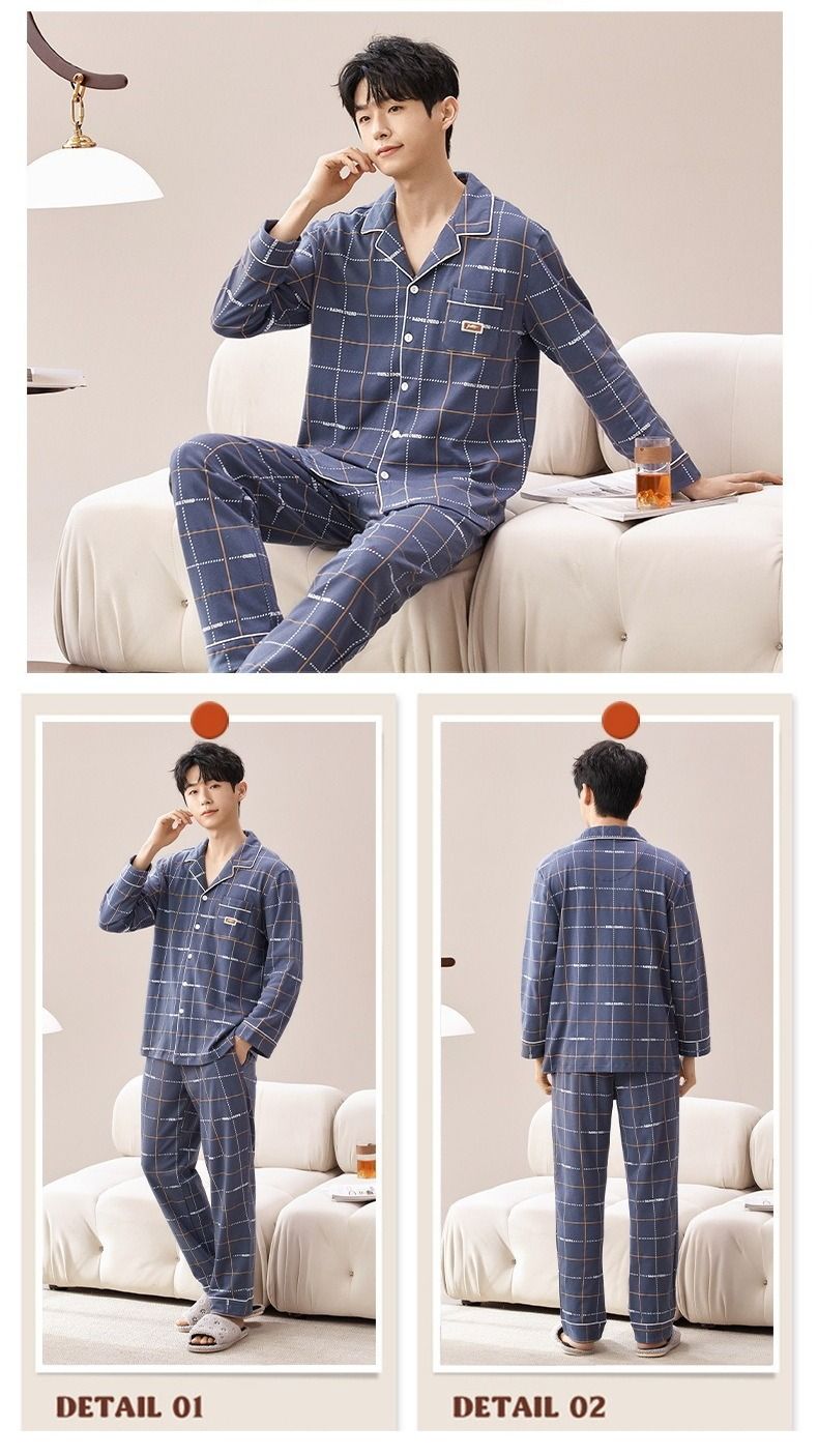 Men's Spring/Autumn New Long Sleeve Autumn/Winter Thin Men's Loose Large Size Home Clothes Set Pure Cotton Pajamas_voghion.com