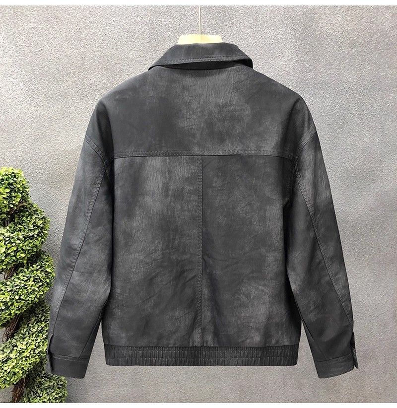 "Men's Retro PU Leather Jacket – Slim-Fit Biker Coat With Stand Collar & Side Pockets (Charcoal/Coffee, L-3XL)"_voghion.com