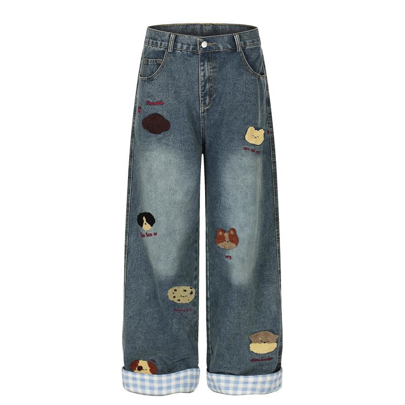 Jeans per cani vintage lavati e ricamati – Unisex, gamba dritta, 56,8% cotone, vita media, risvolto arrotolato, tasche multiuso, nero/blu, S-XL_voghion.com