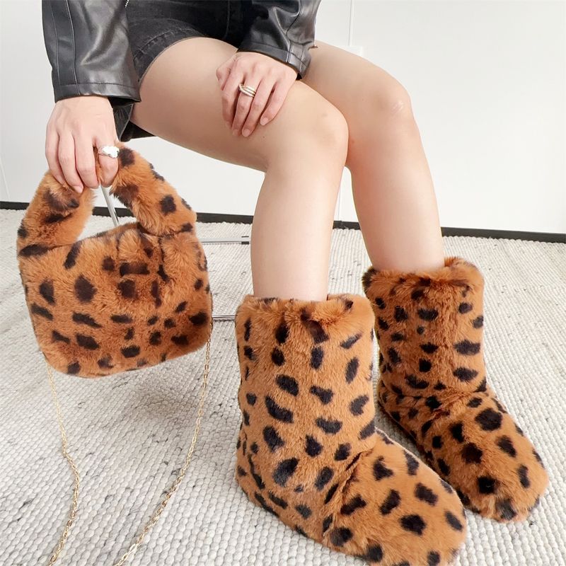 Faux Rabbit Fur Snow Boots For Women, Hot Girl Style Short Boots, Leopard Print Faux Fur Punk Y2k Trendy Cool Style Shoe And Bag Set_voghion.com