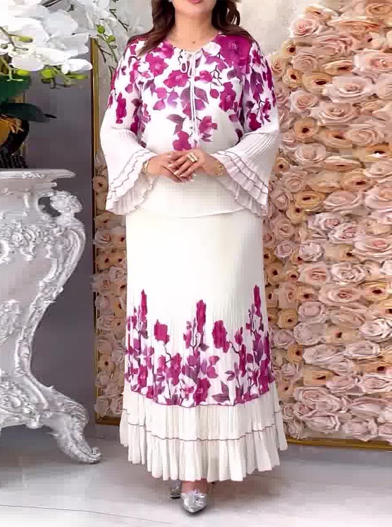 Women's Clothing Pleated Positioning Printed Tops And Skirts Two Piece Suits_voghion.com