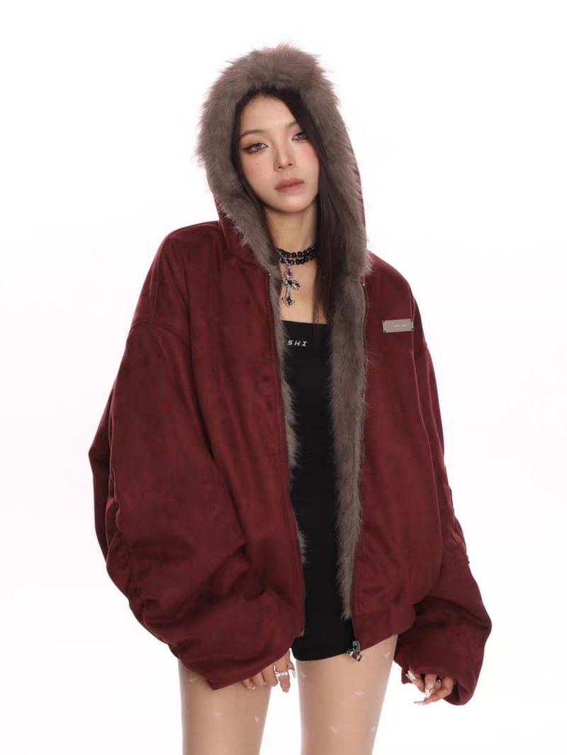 Reversible Shearling-Lined Hooded Jacket – Women’s Winter Fleece Bomber With Faux Fur Trim (M-XL) – Grey/Red Dual-Wear Outerwear_voghion.com