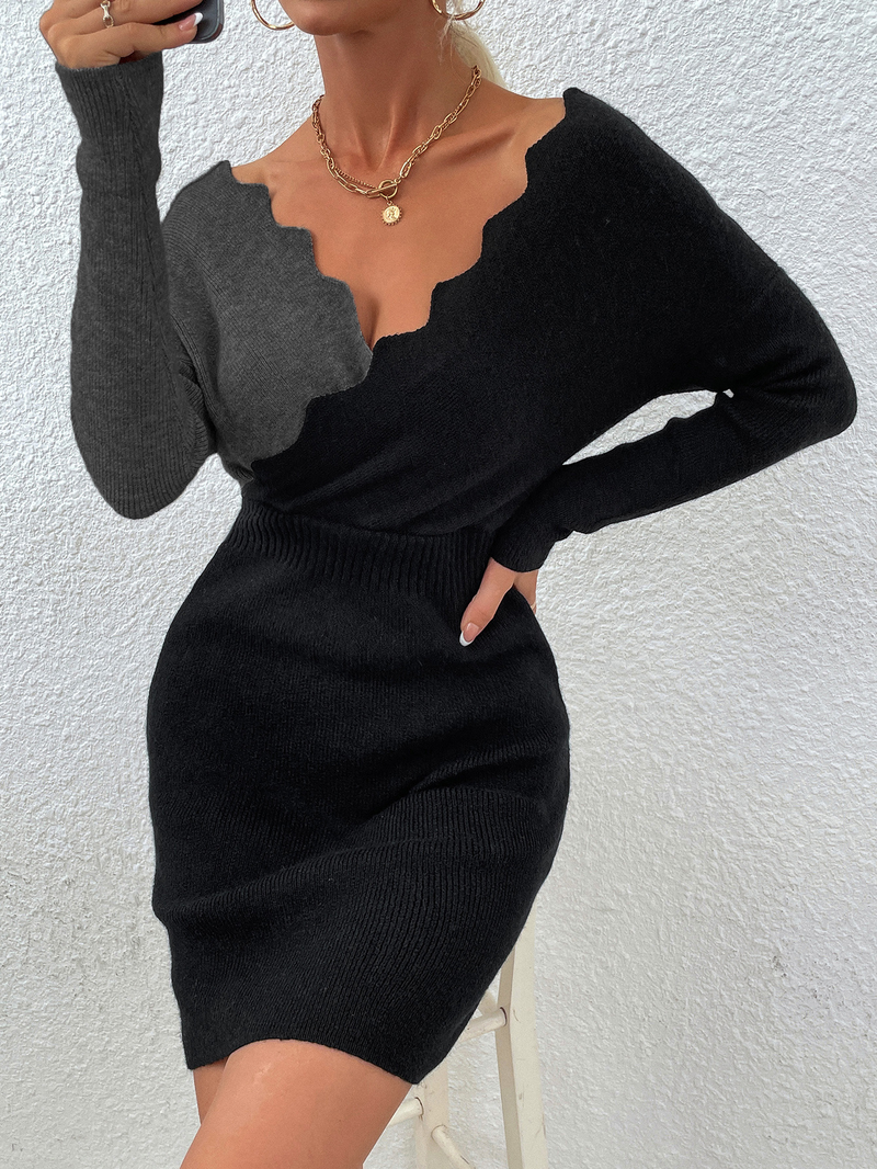 Vêtements pour femmes, pull, col en v, manches chauve-souris ondulées, robe tricotée_voghion.com