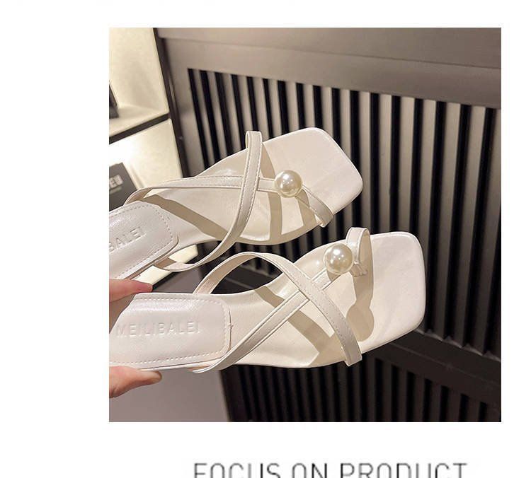 Tongs à talons hauts pour femmes - Sandales élégantes à perles pour l'été. Sandales compensées de plage élégantes à talon fin._voghion.com