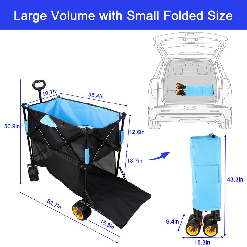 Big Large Capacity Folding Cart Extra Long Extender Wagon Cart Folding Wagon Garden Shopping Beach Cart (black + Blue)_voghion.com