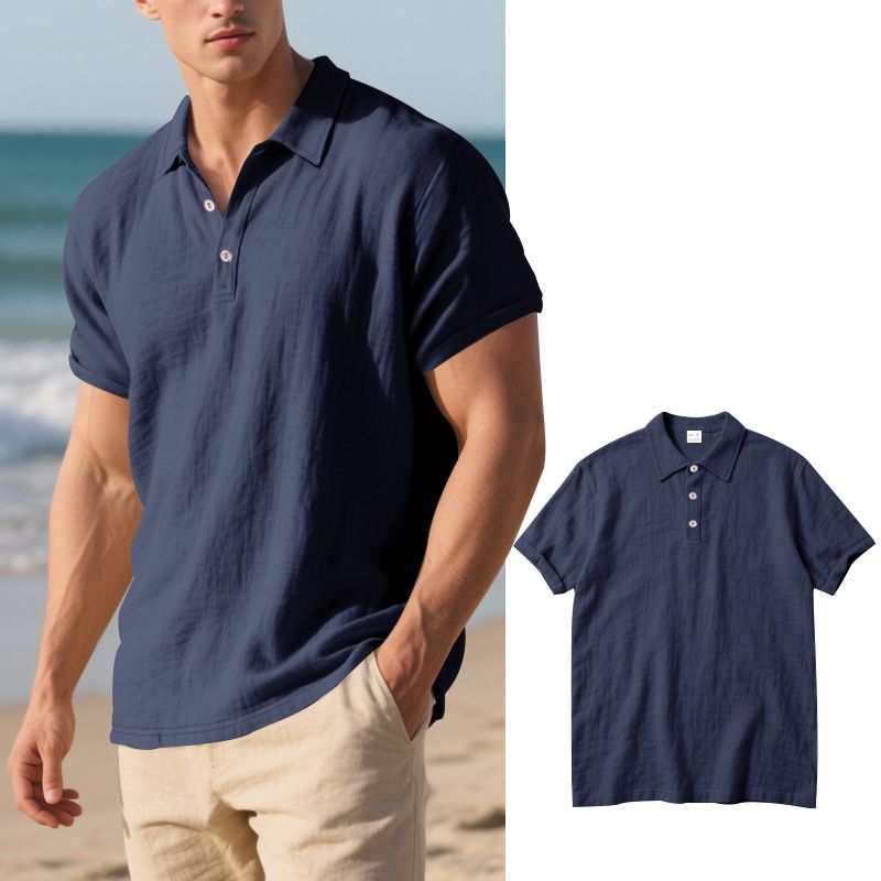 2025 Sommer Herren British Style Casual Button Loose Leinen Turn-Down-Kragen Polo Kurzarmhemd für Männer_voghion.com