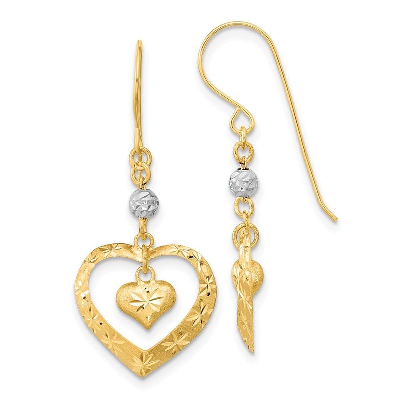 14k Two-tone Satin D/C Heart Dangle Shepherd Hook Earrings_voghion.com