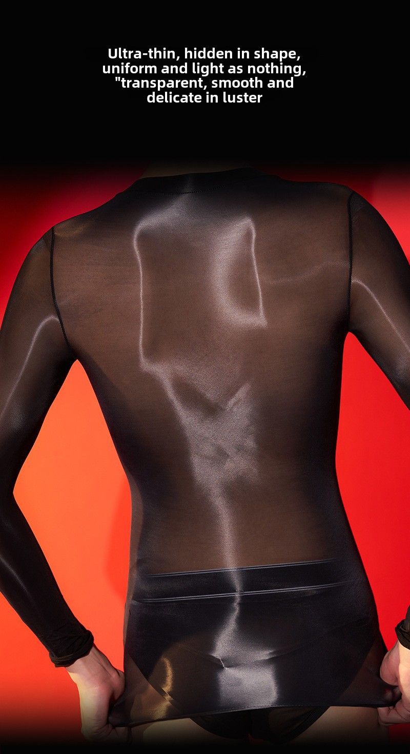 Europäische und amerikanische langärmelige, enge Bademode mit Perspektive, hochelastische Dessous, transparente Seidenstrümpfe, Oberteil, ölige, seidige Pferdeölsocken_voghion.com