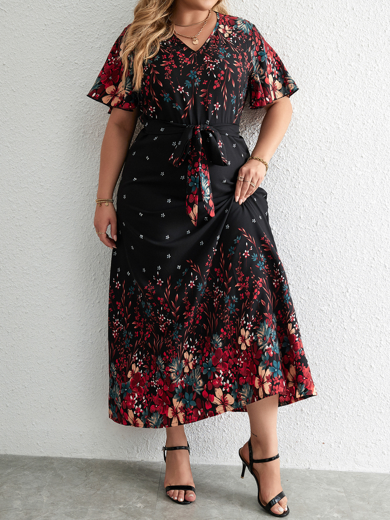 Abito da donna taglie forti con scollo a V, manica corta, gonna lunga stampata, abbigliamento da donna_voghion.com