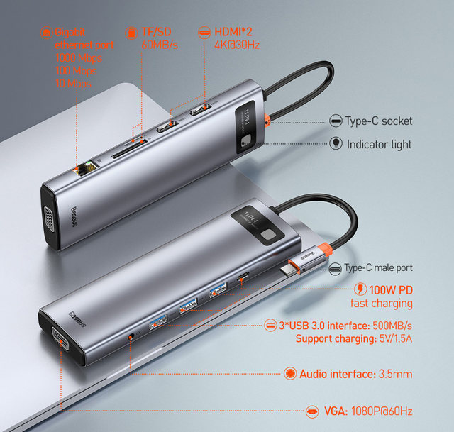 Baseus USB C HUB vers HDMI VGA USB 3.0 Adaptateur 9/11 en 1 USB Type C HUB Dock pour MacBook Pro Air PD RJ45 Lecteur de carte SD_voghion.com