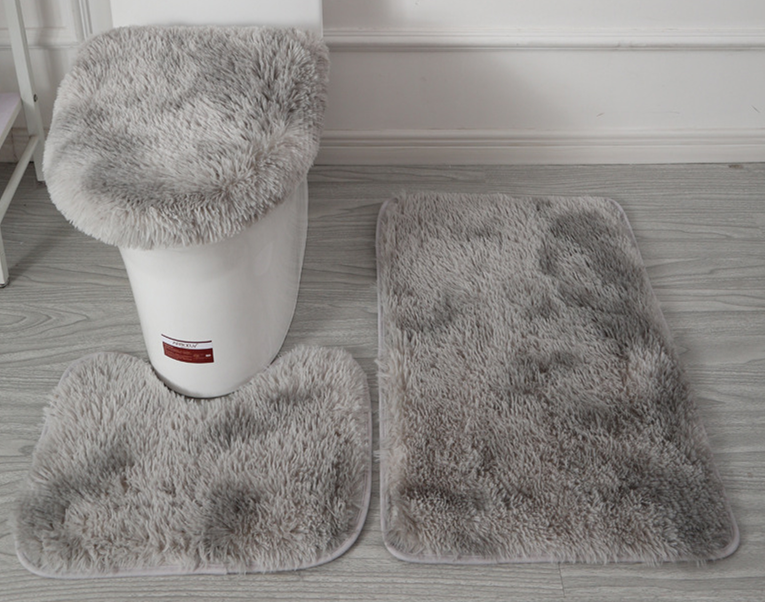 Batik-Teppich aus langem Pelz, dreiteiliges Plüsch-WC-Set, rutschfeste Fußmatte, wasserabsorbierendes Badezimmer-Set_voghion.com