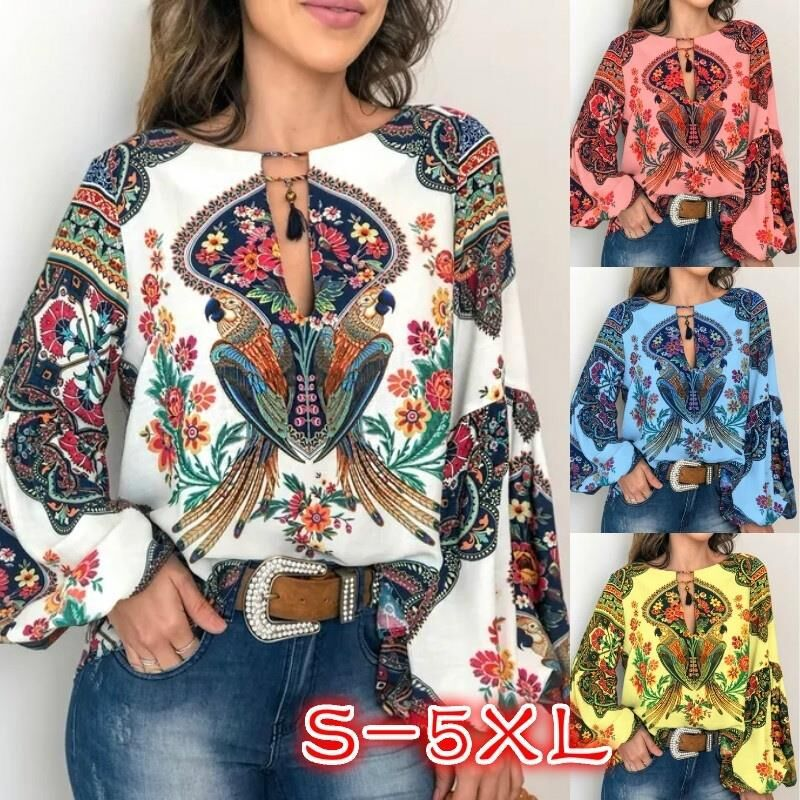 Women's personalized digital printed round neck lantern sleeve shirt_voghion.com