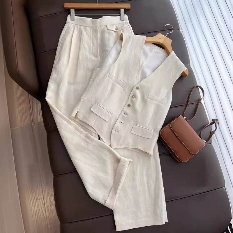 Damenbekleidung Temperament Baumwolle Leinen Anzug Weste Broadleg Hose Zwei Sets_voghion.com