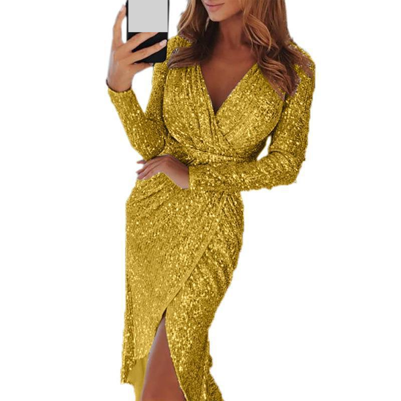 Ropa de mujer nueva con estampado en caliente sexy manga larga falda de longitud media cuello en V vestido de noche con abertura vestido ajustado para mujer_voghion.com