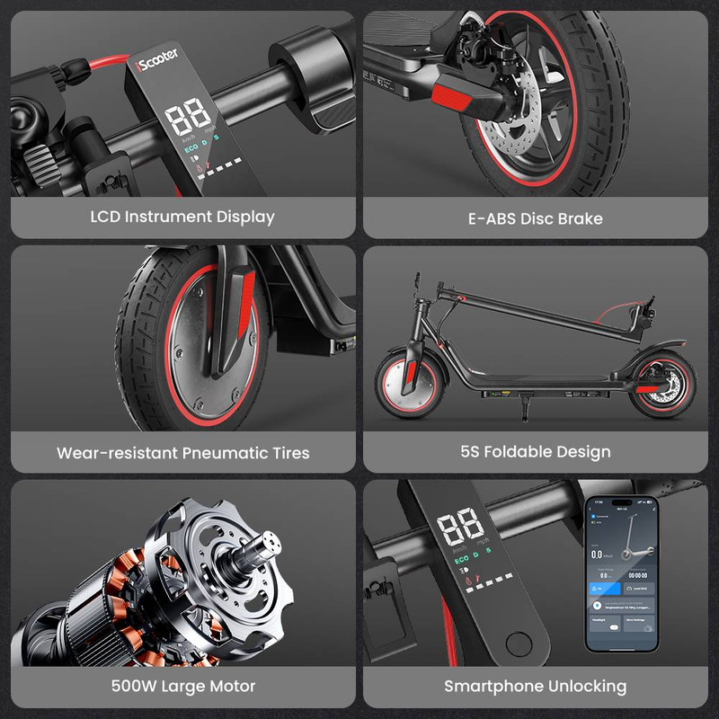 iScooter I9M elektrische scooter voor volwassenen, 500W 10'' elektrische scooter voor woon-werkverkeer met cruisecontrol, dubbele remsystemen_voghion.com