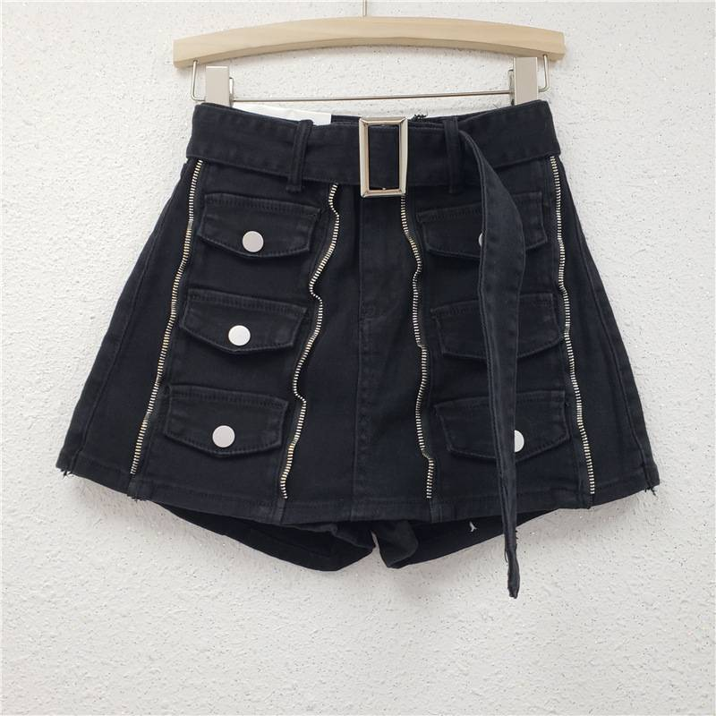 Personalized Pocket Zipper Design Army Green Denim Skirt Pants Women's Summer High Waist A Line Slim Two Piece Hip Skirt_voghion.com