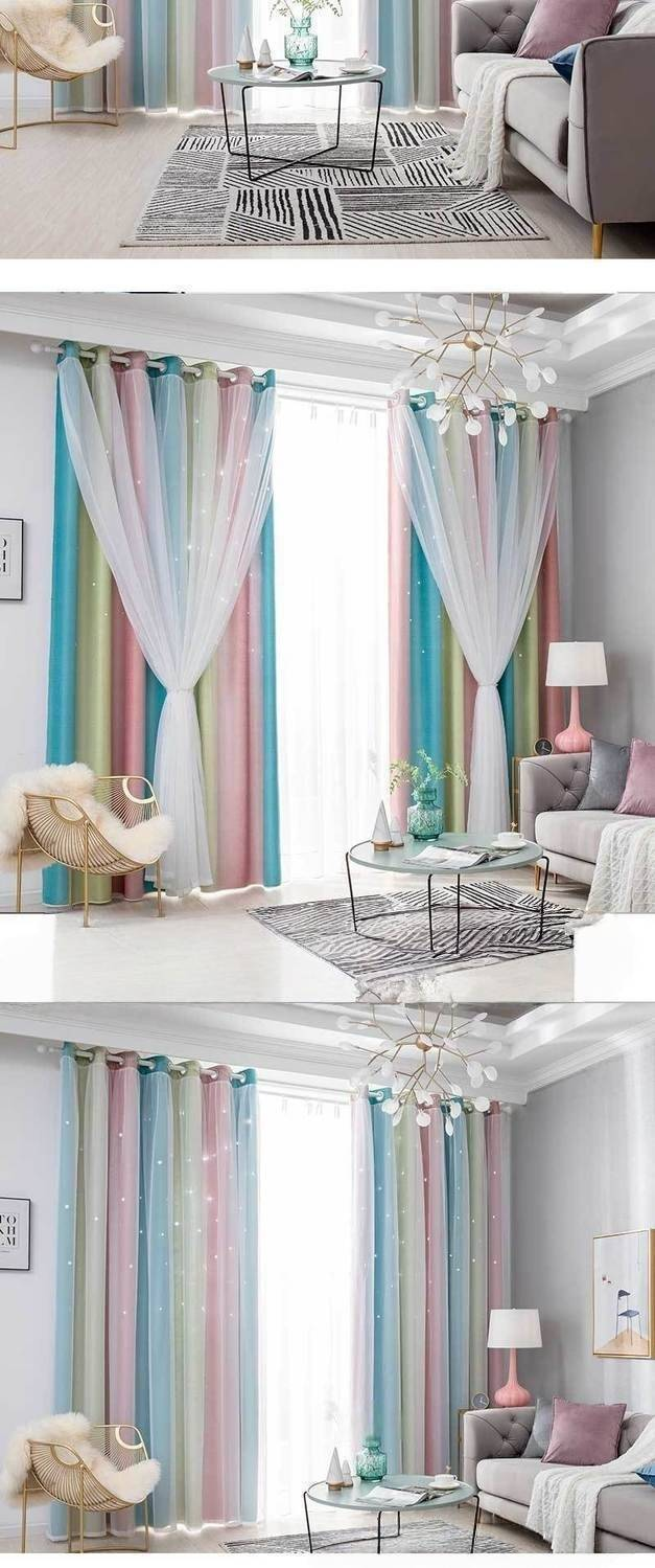 Cortinas Morandi de dupla camada - Cortinas transparentes e blackout com gradiente de arco-íris e decoração de janela pronta para uso_voghion.com