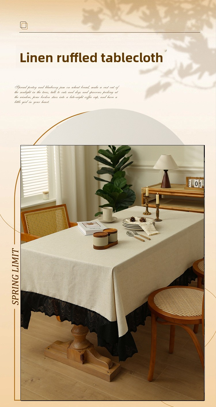 Nappe aspect lin d'inspiration vintage – Housse de table rectangulaire imperméable et antidérapante avec élégante bordure en dentelle – Style campagnard et nouveau style chinois_voghion.com