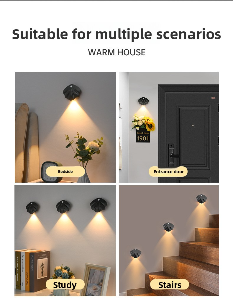 Intelligentes LED-Nachtlicht mit Bewegungssensor und magnetischer Halterung – wiederaufladbar, CE-zertifiziert, ABS-Gehäuse, 3-farbig einstellbar, patentiertes Design: Muschelform_voghion.com