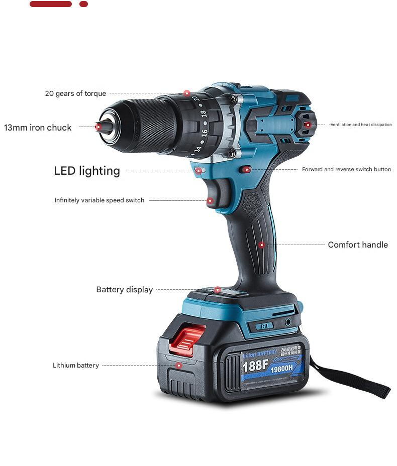 DaVKing Brushless 13mm Cordless Drill High Power Cordless Lithium Drill Three Function Lithium Battery Impact Drill Screwdriver_voghion.com