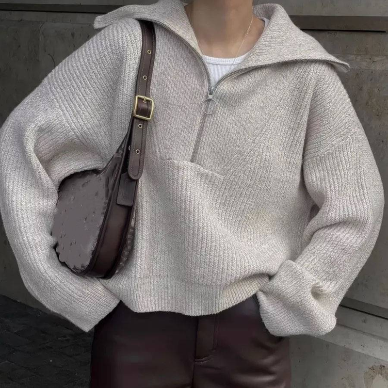 Übergroßer Strickpullover mit Reißverschlussdetail – weicher und stylischer Pullover für Damen (V-Ausschnitt, lange Ärmel, bequeme Passform, mehrere Farben)_voghion.com