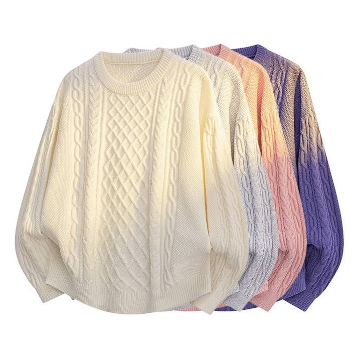 Kabelgebreide unisex trui – getextureerde ronde hals trui (M-3XL, 4 zachte tinten)_voghion.com