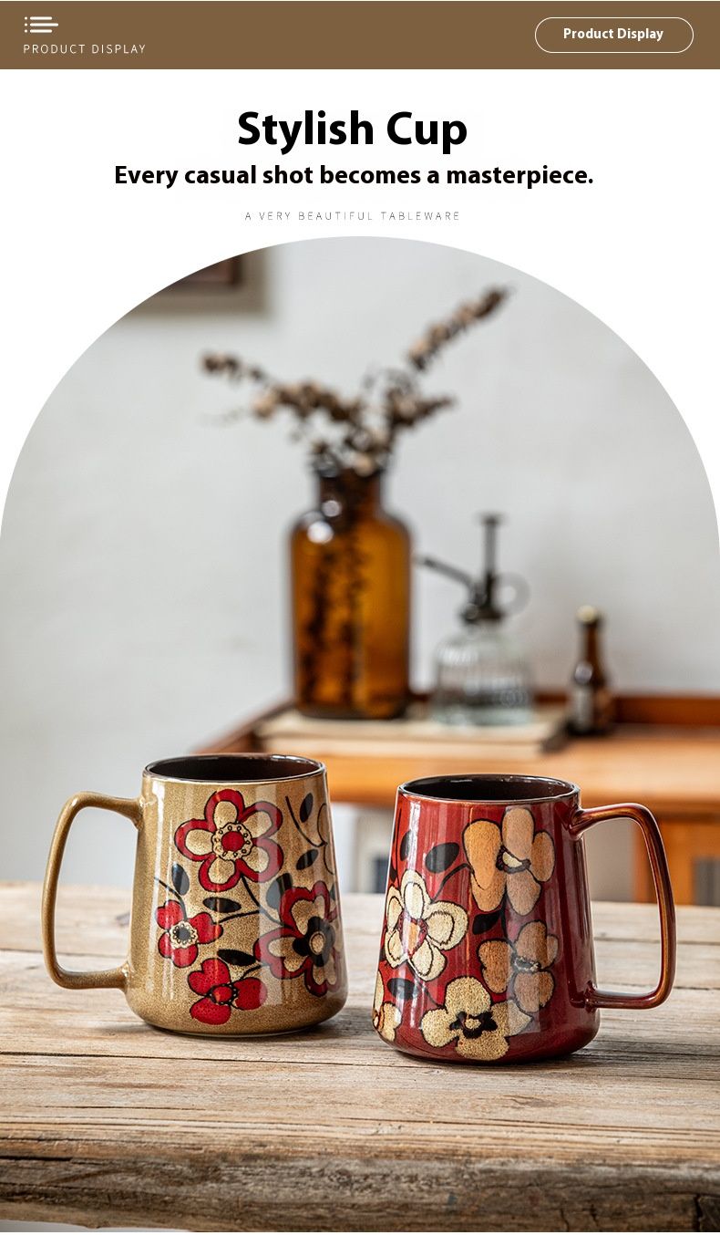 Time Sigh Tapered Ceramic Mug – 700ml Chinese-Inspired Cup (Khaki/Red, With Lid & Spoon, Gift Box Option)_voghion.com
