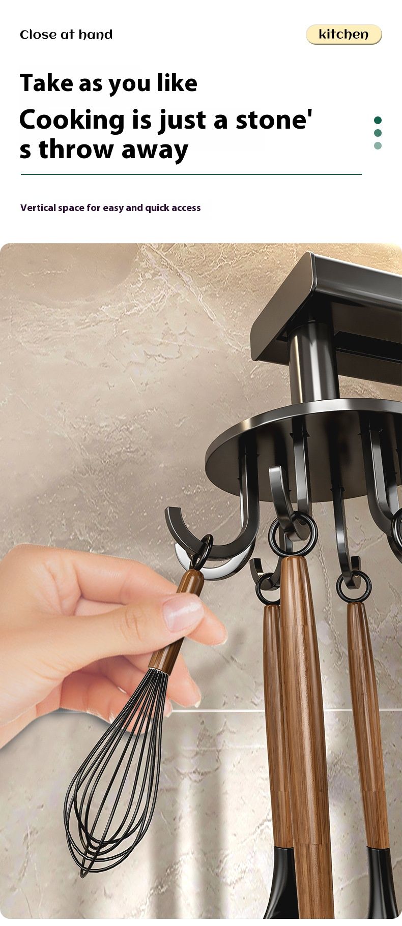 Wall Mounted Rotating Kitchen Utensil Holder, Aluminum Space-Saving Cookware Organizer With Hooks, No Drill Hanging Rack_voghion.com