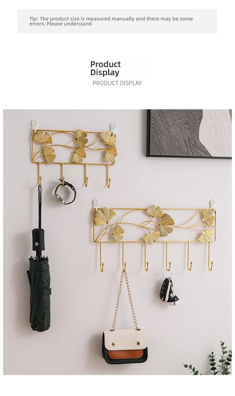 Elegante gancio da parete a forma di foglia di ginkgo - Portachiavi in ferro rustico per ingresso, attaccapanni e arredamento per la casa, design salvaspazio a 4/6 ganci, finitura dorata_voghion.com