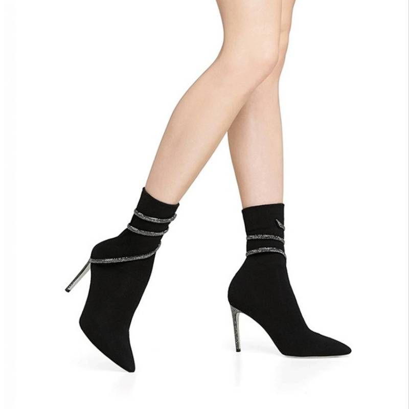 Stivali con tacco a spillo da donna - Stivaletti a punta con tacco alto, dettagli in maglia elasticizzata e strass - Stivali aderenti a metà polpaccio per un look che allunga le gambe_voghion.com