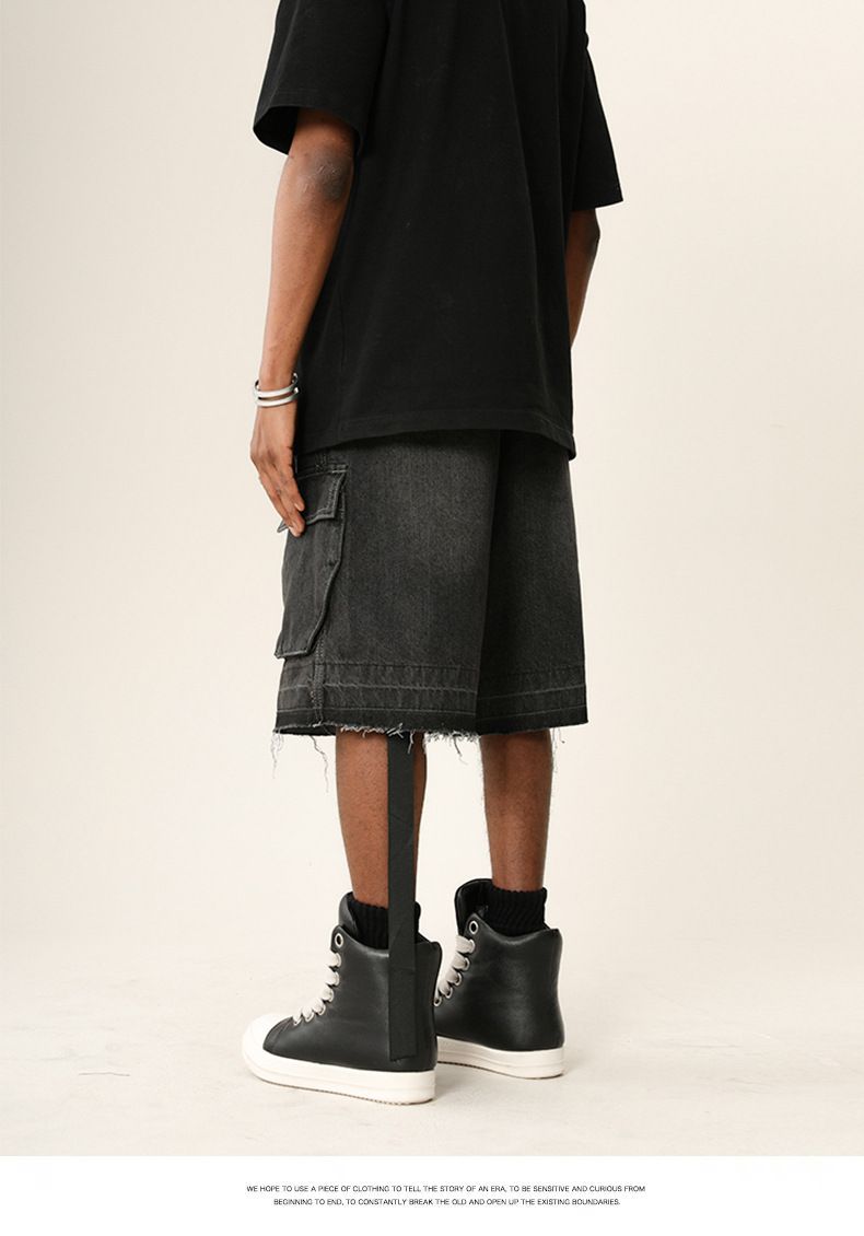 Herreklær High Street Vibe Vasket, slitt denimshorts med rå kanter Trendy merkevare Løse shorts med flere lommer_voghion.com