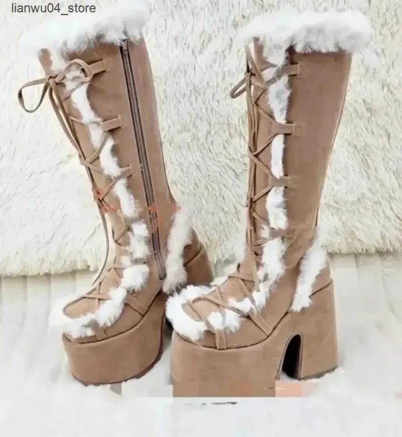 New Winter Women Snow Platform Wedge High HeelFur Lady Female Plush Warm Non-slip Mid Calf Boots Goth Shoes_voghion.com