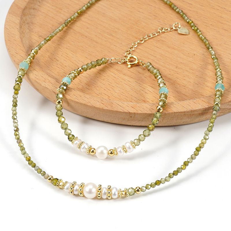 2cm olijfgroene kristal zoetwaterparel armband ketting set vrouwelijke eenvoudige stijl_voghion.com