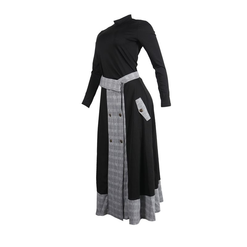 Abbigliamento da donna Slim Fit Maniche lunghe Piccolo collo alto Plaid Split Midi Gonna Set due pezzi_voghion.com