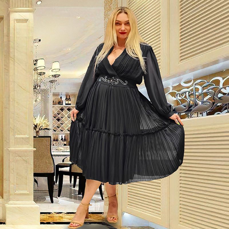 Langärmliger Faltenrock für Damen, unabhängige Station, hohe Taille, Außenhandel, lockeres Kleid in großer Größe (freier Gürtel) 8835_voghion.com