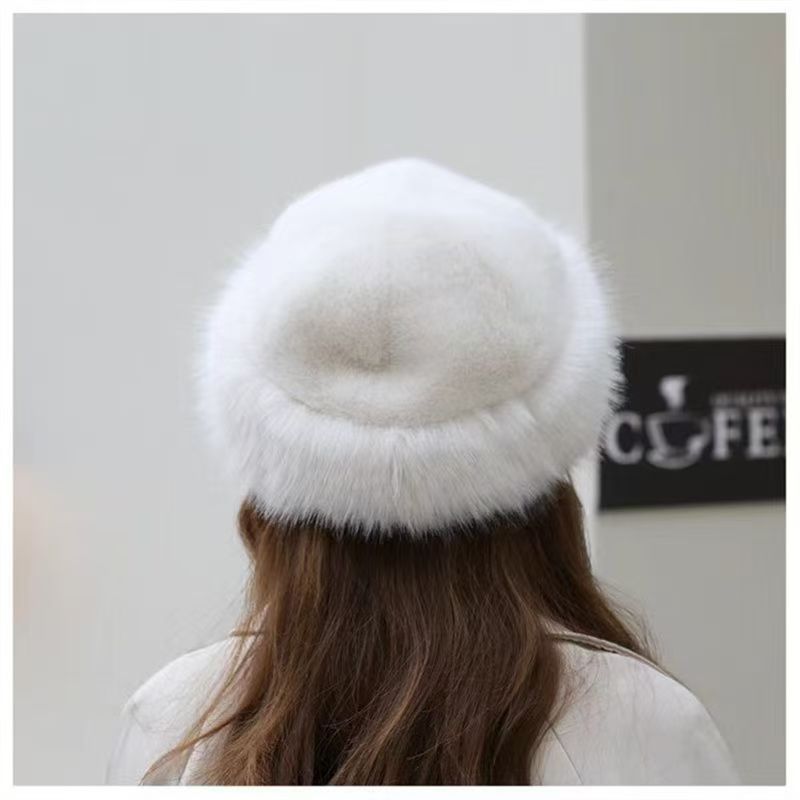 Plüschiger mongolischer Damen-Sonnenhut, kältebeständig, warm, einfarbig, weiß, mit Ohrenschutz, aus Fuchsfell_voghion.com