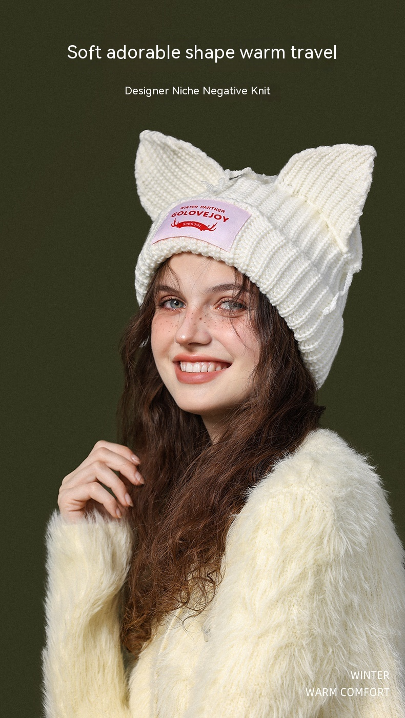 Lavorato a maglia di lana autunnale e invernale per stare al caldo, uscire, mostrare strisce sottili, orecchie di gatto carine (pane a forma di orecchio di gatto al vapore),_voghion.com