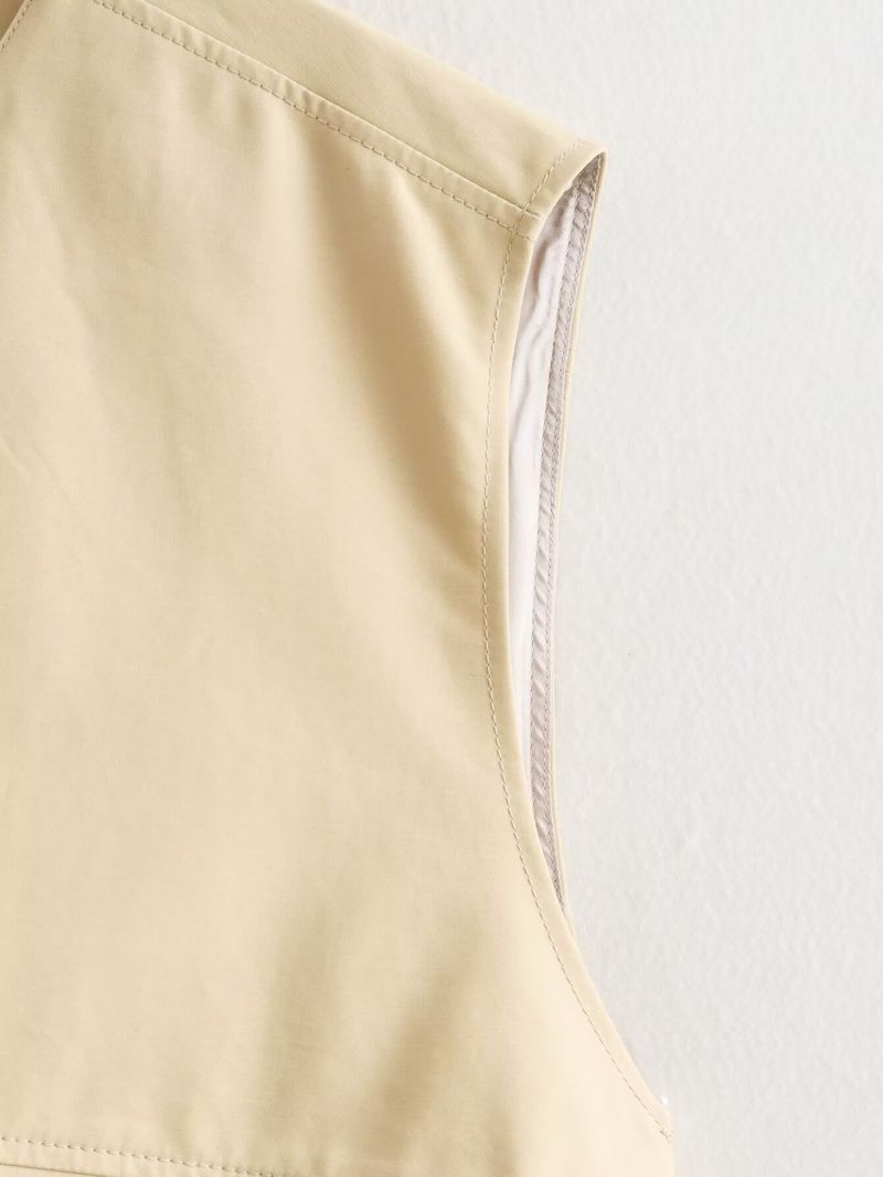 Gilet streetwear tendance à ourlet volanté - Polyester tissé léger, col rond, fermeture éclair sur le devant - Jaune, noir, gris clair, vert kaki (S/M/L/XL)_voghion.com