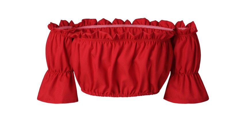 divatos női új nyári lámpás ujjú szexi pánt nélküli strandfelső, piros, fekete, fehér, fodros crop top_voghion.com