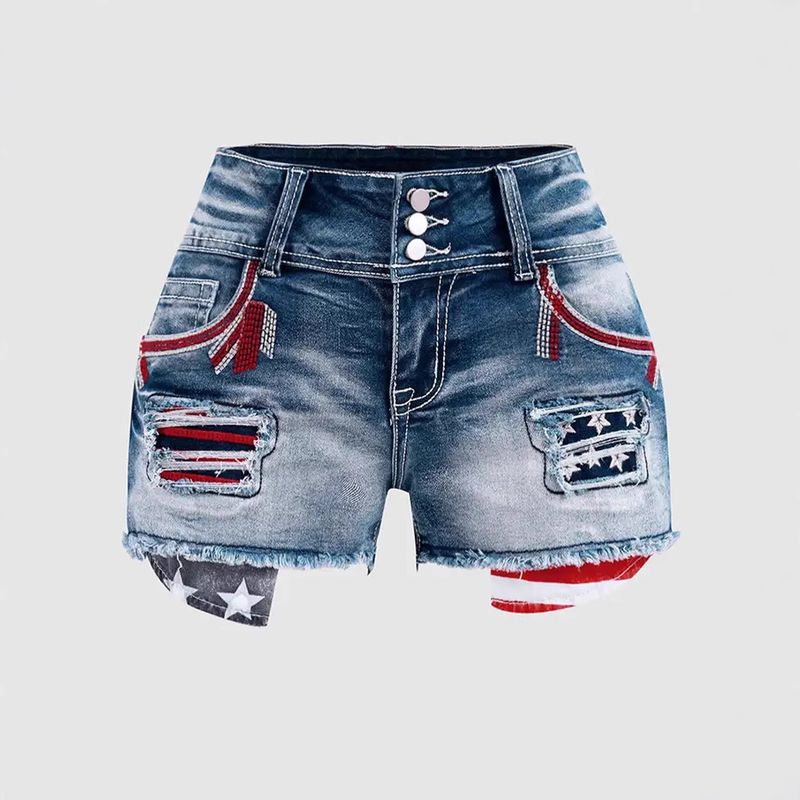 Pantaloncini in denim ricamati da donna – Vita alta, strappati e rovinati con toppa floreale (S-2XL, vestibilità elasticizzata)_voghion.com