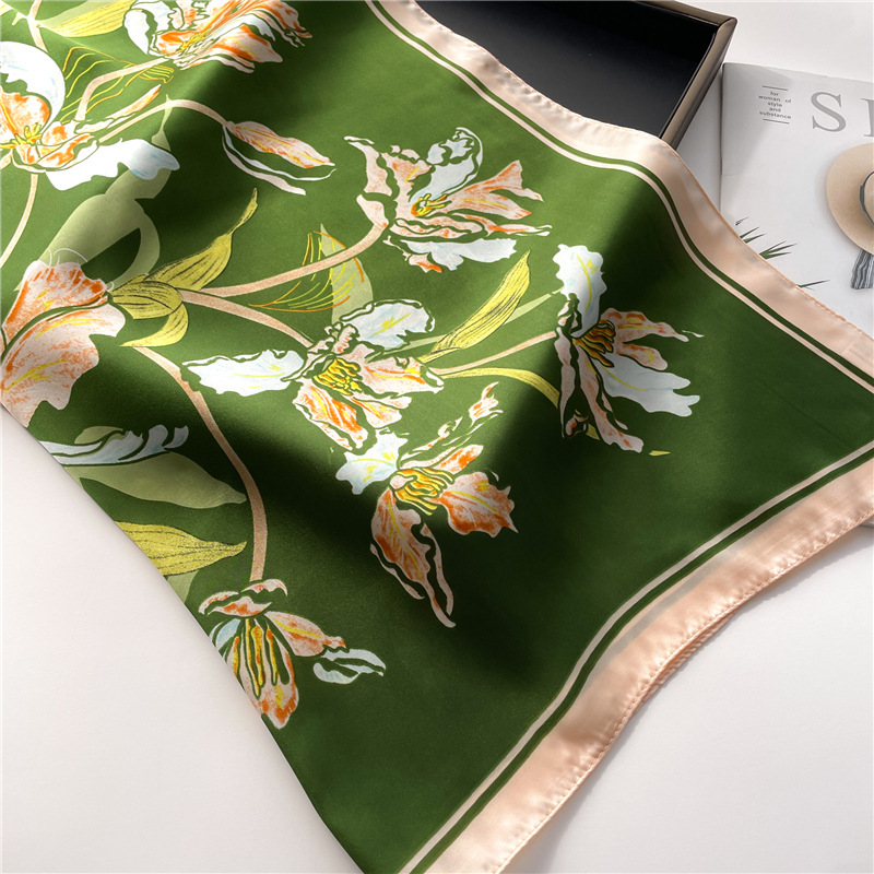 Frühlingsausflug kleiner Seidenschal 70 cm quadratischer Schal, vielseitiger Pflanzen- und Blumenschal, dekoratives Sonnenschutz-Stirnband,_voghion.com