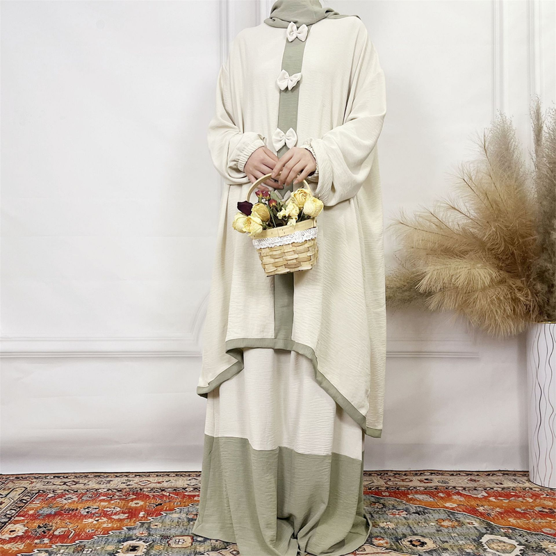 Conjunto de duas peças de seda enrugada com laço, cor sólida, chapéu de duas camadas, vestido de manga comprida, feminino, árabe, Verve_voghion.com