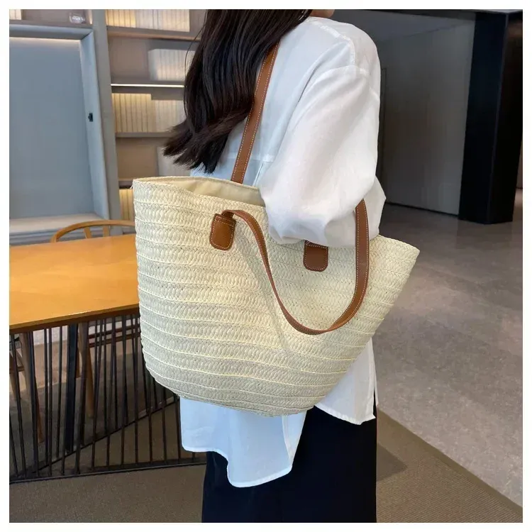 Borsa a tracolla portatile grande in paglia intrecciata con manico superiore da donna, borsa estiva da spiaggia, borsa shopper_voghion.com