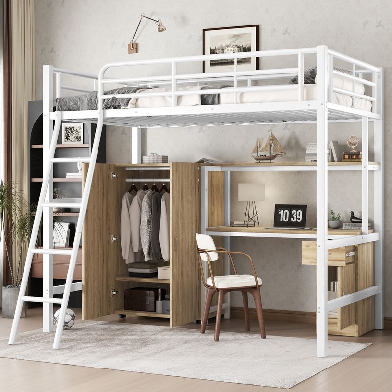 Lit à étages Eisenbett pour enfants et adolescents avec bureau, armoire, étagères de rangement, échelle 4 marches, structure en fer et MDF, finition blanche et naturelle, 90 x 200 cm_voghion.com