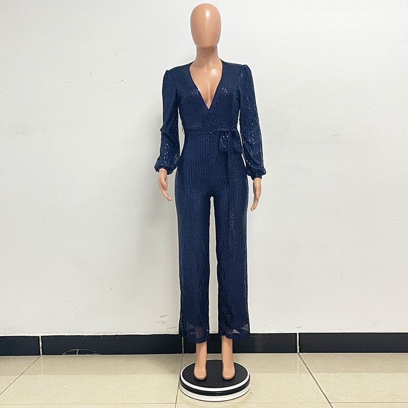 Damkläder Ins Style Deep V Mode Casual Jumpsuit Långärmat Bälte Paljett Jumpsuit Dam_voghion.com