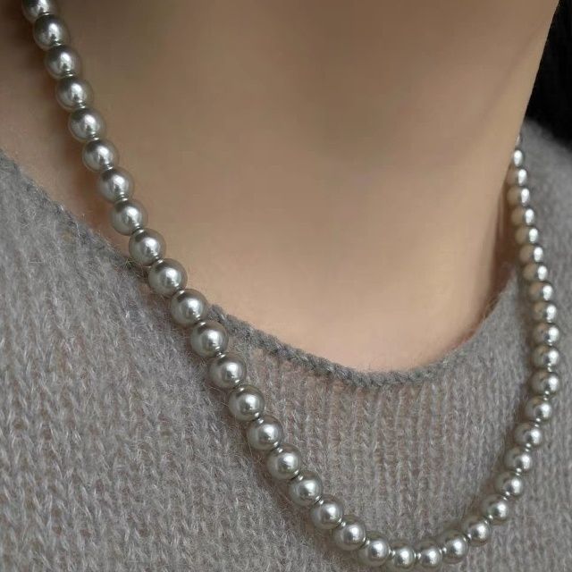 Shi Jia Pearl Round Necklace, Cool Gray Temperament Neckchain, Exquisite and Fashionable, High Grade Sweater Chain,_voghion.com