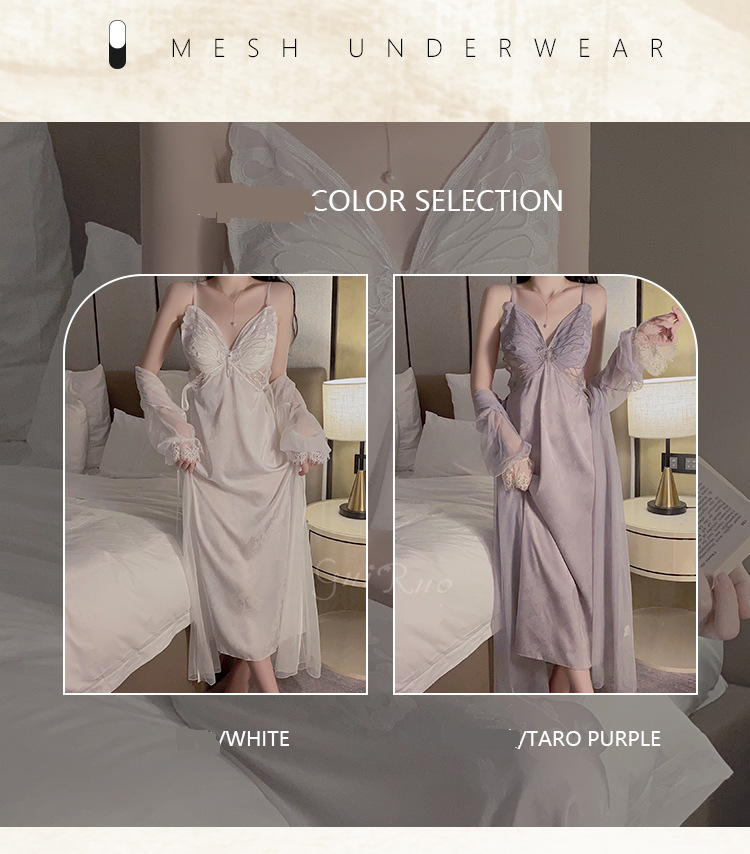 Damenbekleidung Guiruo Langer sexy Pyjama mit Brustpolstern Eisseide geraffter Sling-Nachthemd Mesh-Außenmantel Home-Kleidungsanzug_voghion.com