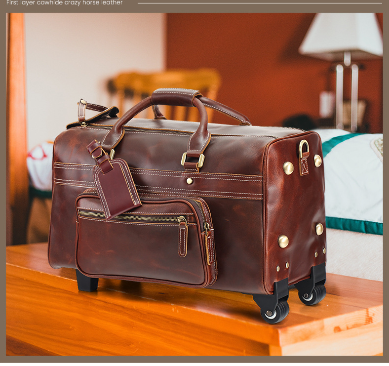 Top Layer Cowhide Large Capacity Duffel With Wheels For Business Trips Pull Rod Bag Leather Vintage Carry-on Bag For Men_voghion.com