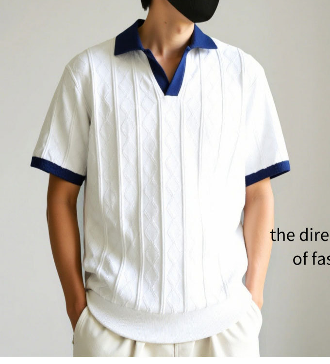 Maglione a maniche corte sottile in tessuto jacquard elastico con risvolto, traspirante, leggero e abbinato ai colori_voghion.com