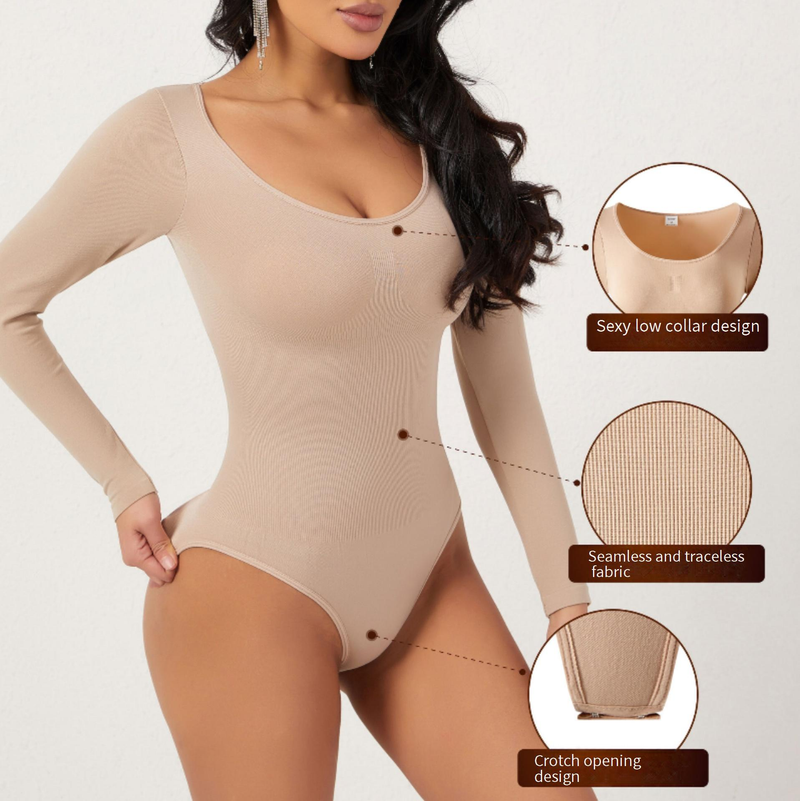 Seamless Shapewear Bodysuit For Women - Tummy Control Waist Trainer With Butt Lifting & Slimming Effect, Long Sleeve Slimming Underwear_voghion.com
